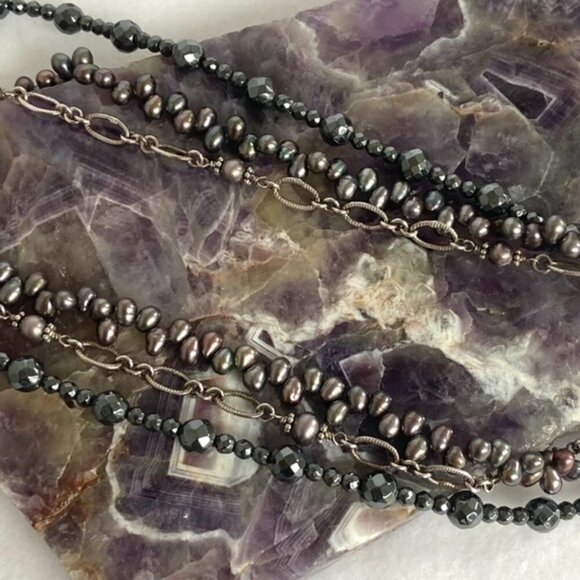Sterling Silver 925 Triple Strand Peacock Pearl Hematite & Chain Necklace 17.5" - Picture 14 of 16